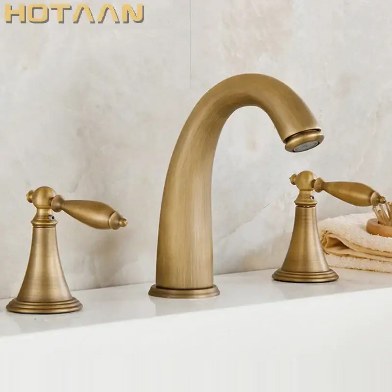 Decorbites™ antique brass bath mixer set with three handles ornate design and curved spout for elegant bathroom use