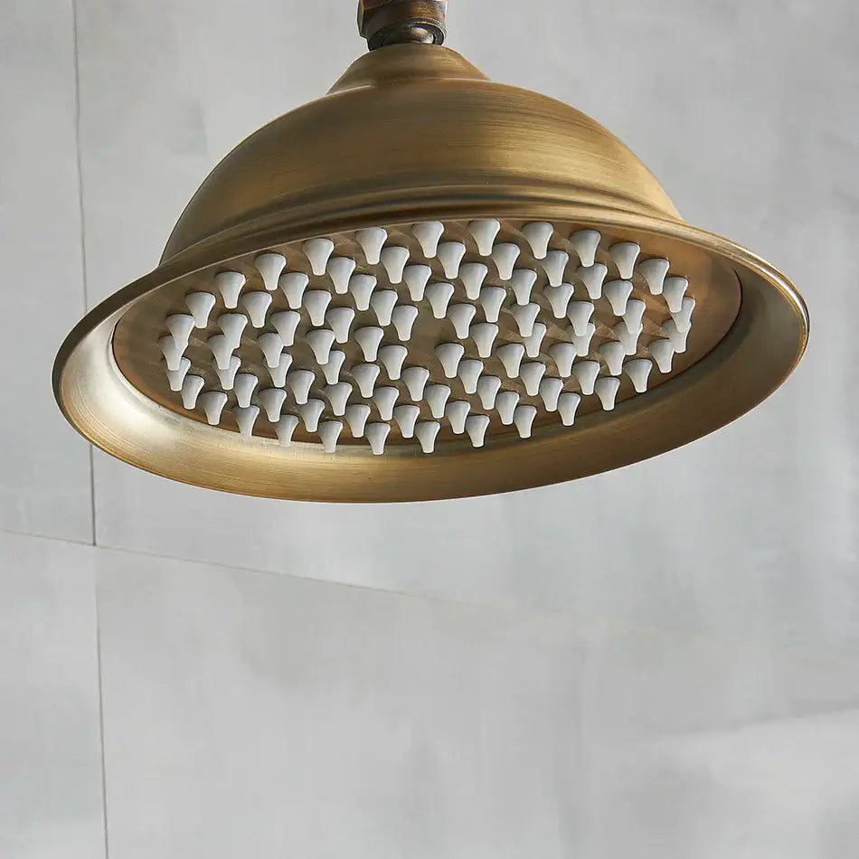 DecorBites™ antique brass bath rainfall shower head with 8 inch solid brass, round design, white ceramic nozzles