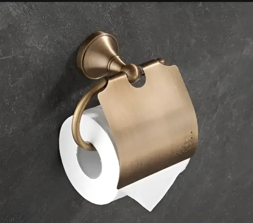 Decorbites antique brass bathroom accessory set paper holder with curved arm and decorative scrollwork design