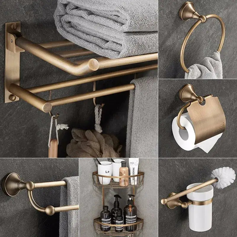 Decorbites™ antique brass bathroom accessory set with towel rack ring paper holder and wall-mounted shelf in brass finish