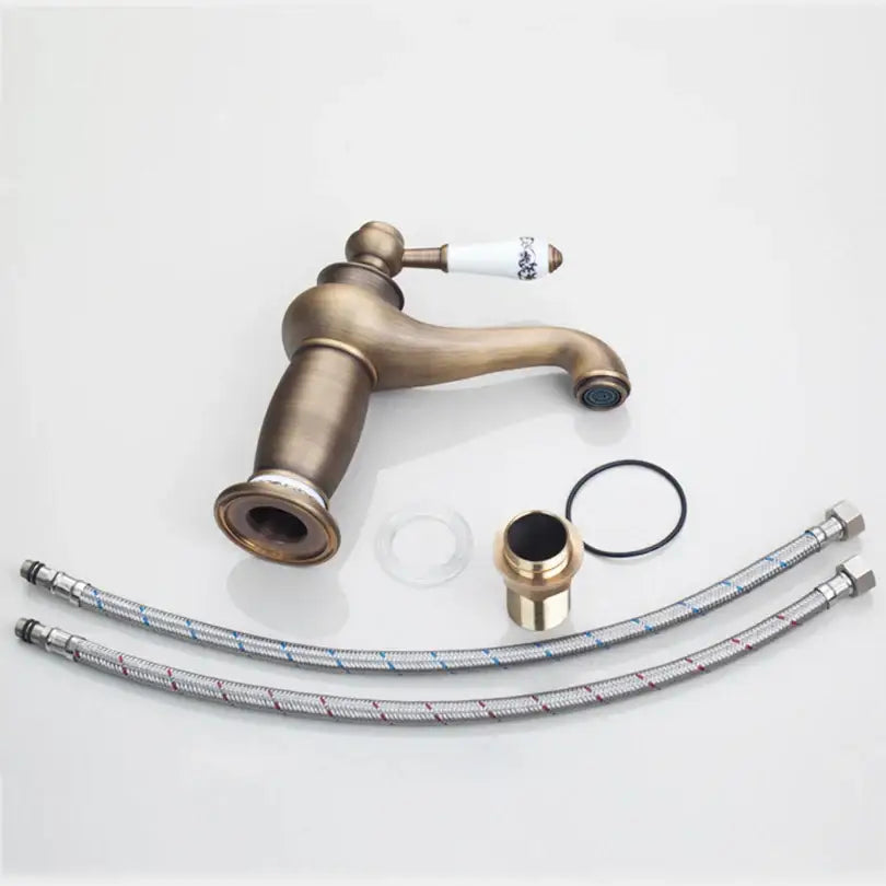 DecorBites antique brass bathroom basin faucet deck mounted with white ceramic handle and braided metal hoses
