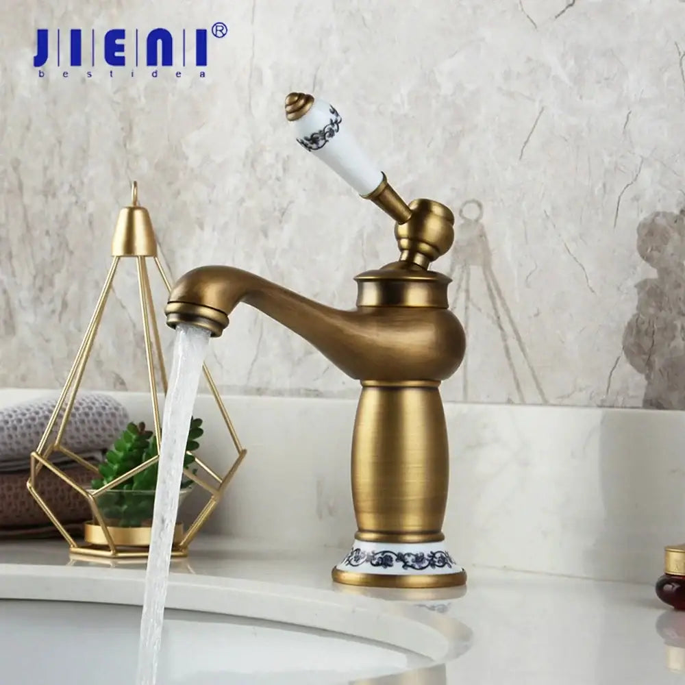 Decorbites antique brass bathroom basin faucet with white ceramic handle and blue floral patterns deck mounted mixer