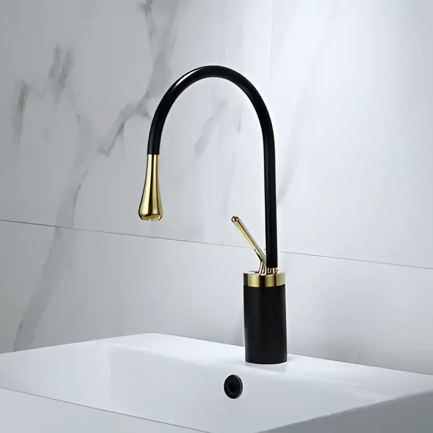 DecorBites antique brass bathroom basin faucet with black curved spout and cylindrical base for kitchen or sink use