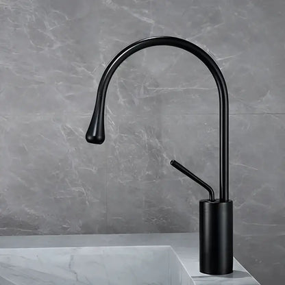 Black matte finish basin faucet with curved spout and cylindrical base for antique brass bathroom sink mixer