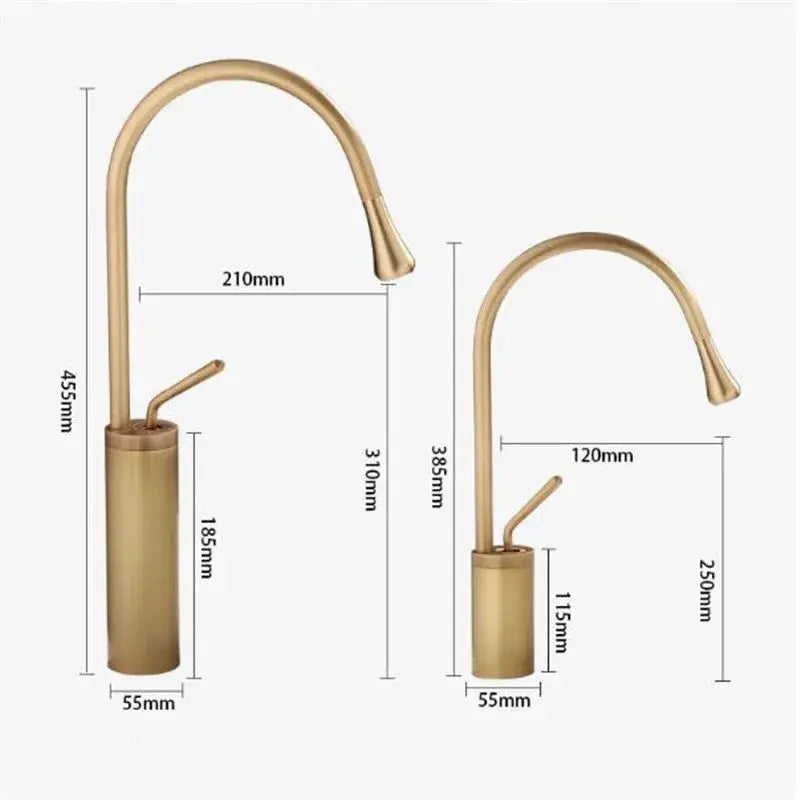 Two brushed brass antique brass bathroom basin faucets with curved spouts and cylindrical bases at different heights
