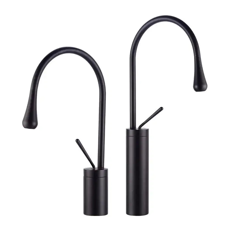 Two sleek black matte basin faucets with curved spouts for antique brass bathroom basin and kitchen use