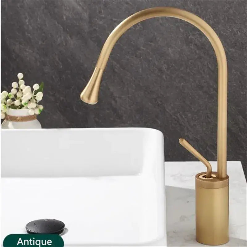 DecorBites antique brass bathroom basin faucet with curved spout and cylindrical base for kitchen and sink use
