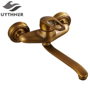 DecorBites antique brass bathroom basin faucet with long spout and ornate rope-textured dual handles wall mount