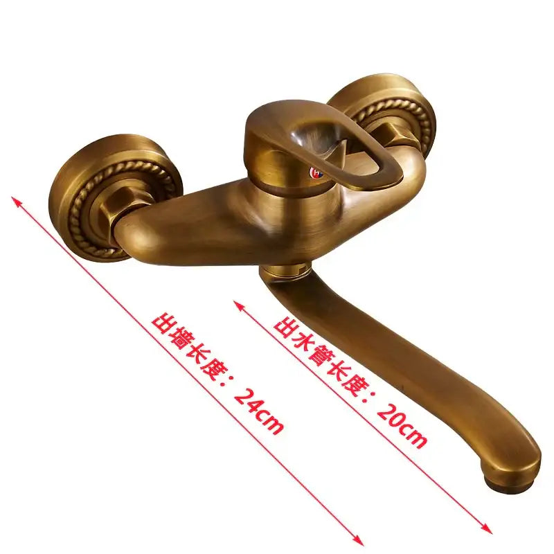 Decorbites™ antique brass bathroom basin faucet with long curved spout and ornate rope-textured dual handles wall mounted