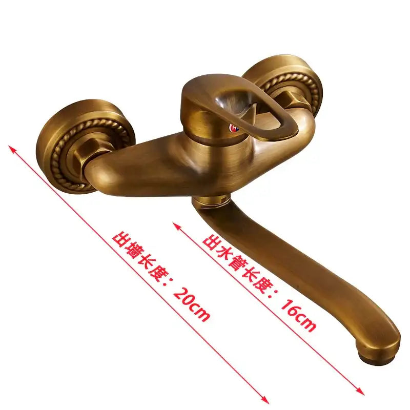 Decorbites antique brass bathroom basin faucet with ornate rope-textured handles and curved long spout wall mount