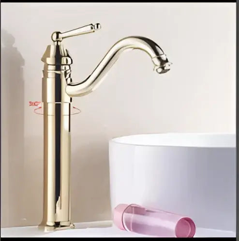 DecorBites™ antique brass bathroom faucet set with gold-finished tall single-handle faucet and ornate curved spout