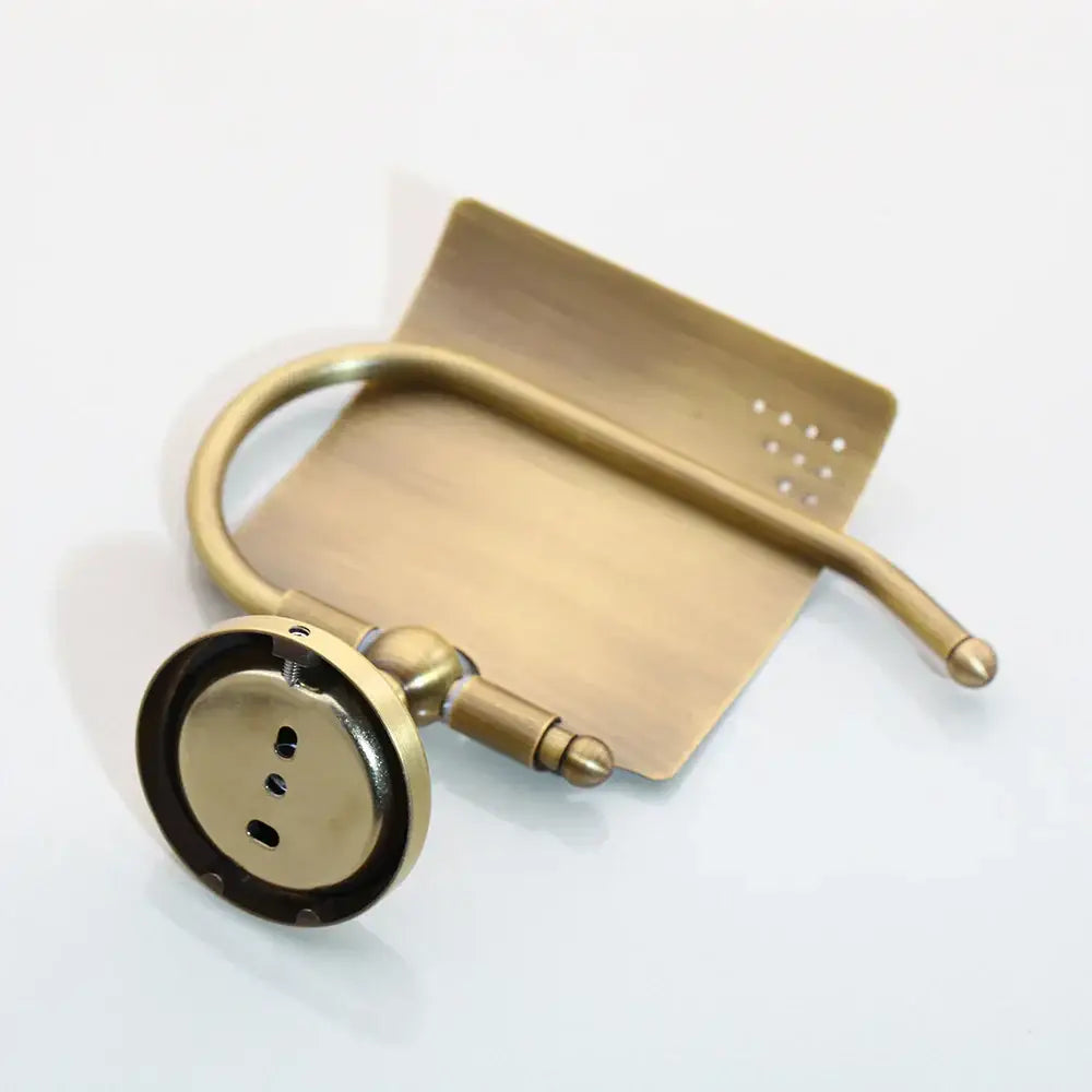 Decorbites antique brass bathroom hardware set toilet paper holder with curved arm and perforated rectangular backplate