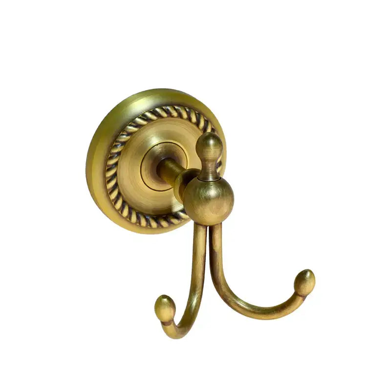Decorbites antique brass bathroom hardware set double hook with ornate rope-twist detailing on circular backplate