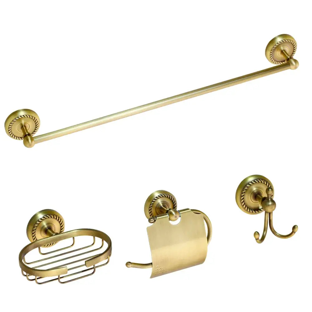 Decorbites antique brass bathroom hardware set featuring towel bar soap dish toilet paper holder and hook in brass finish