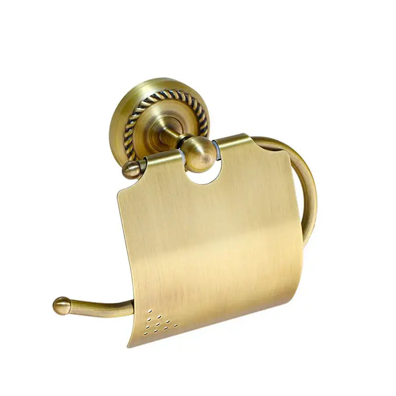 DecorBites antique brass bathroom hardware set featuring an ornate brass toilet paper holder with brushed finish and rope-textured mount