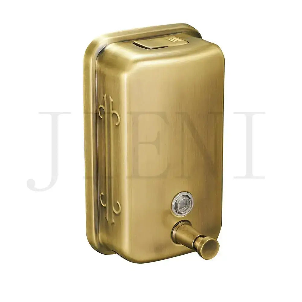 Brass-finished wall-mounted soap dispenser with decorative scrollwork from decorbites antique brass bathroom hardware set