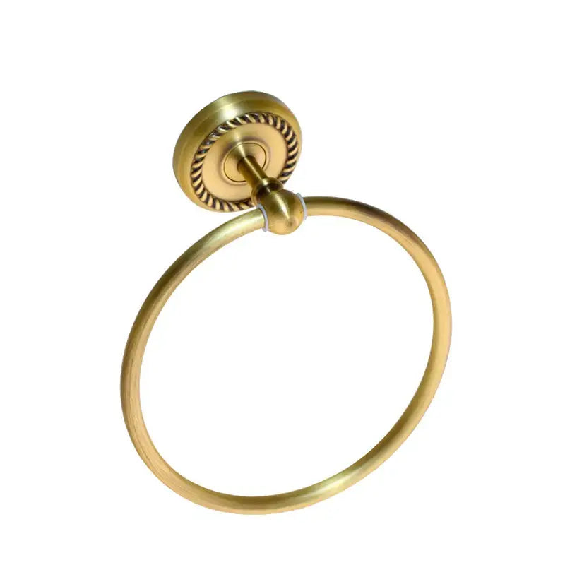 Antique brass bathroom towel ring with decorative rope-like textured mounting plate from decorbites hardware set