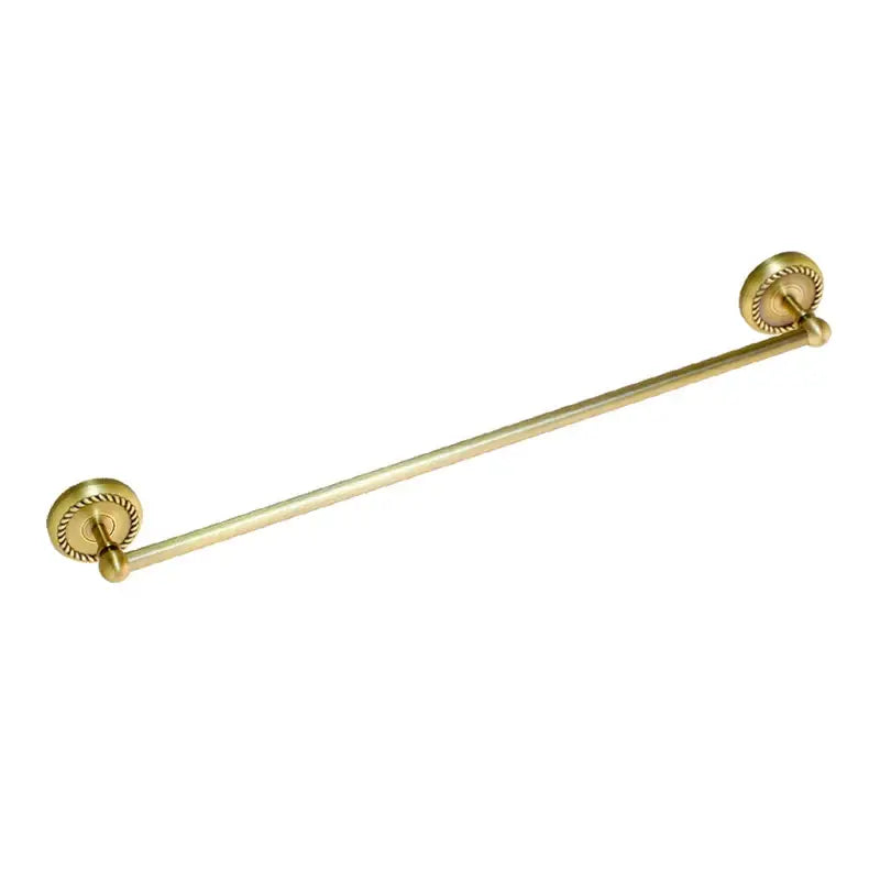 Antique brass bathroom hardware set featuring an ornate brass towel rack with beaded edge circular ends by decorbites