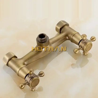 Decorbites antique brass bathroom shower and basin tap set with double handles and cross-shaped knobs in brass finish