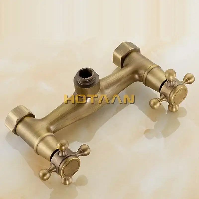 Decorbites antique brass bathroom shower and basin tap set with double handles and cross-shaped knobs in brass finish