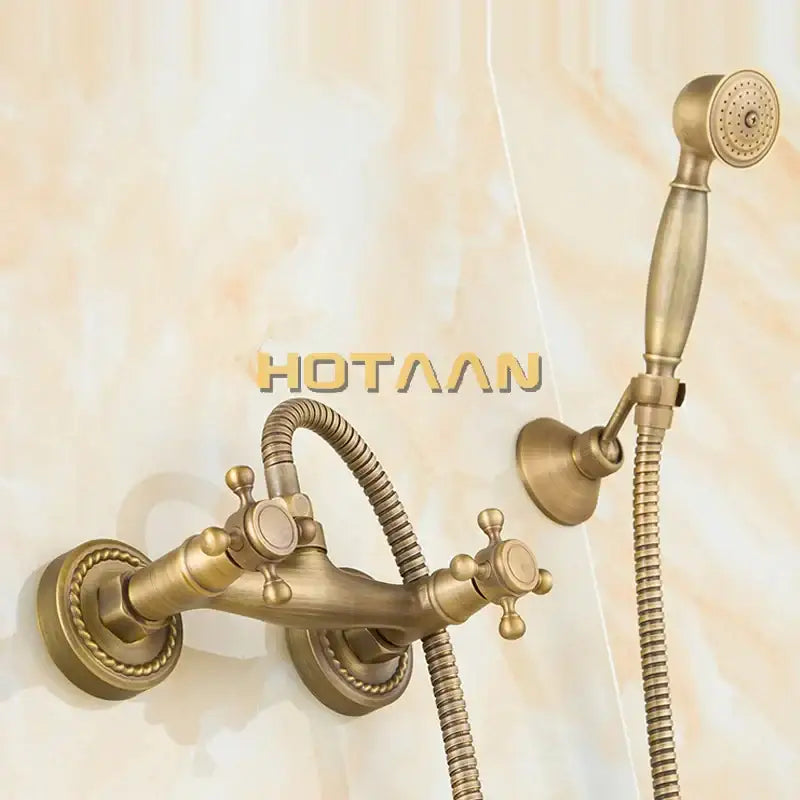 Decorbites antique brass bathroom shower and basin tap set with ornate brass bathroom shower faucet and handheld showerhead