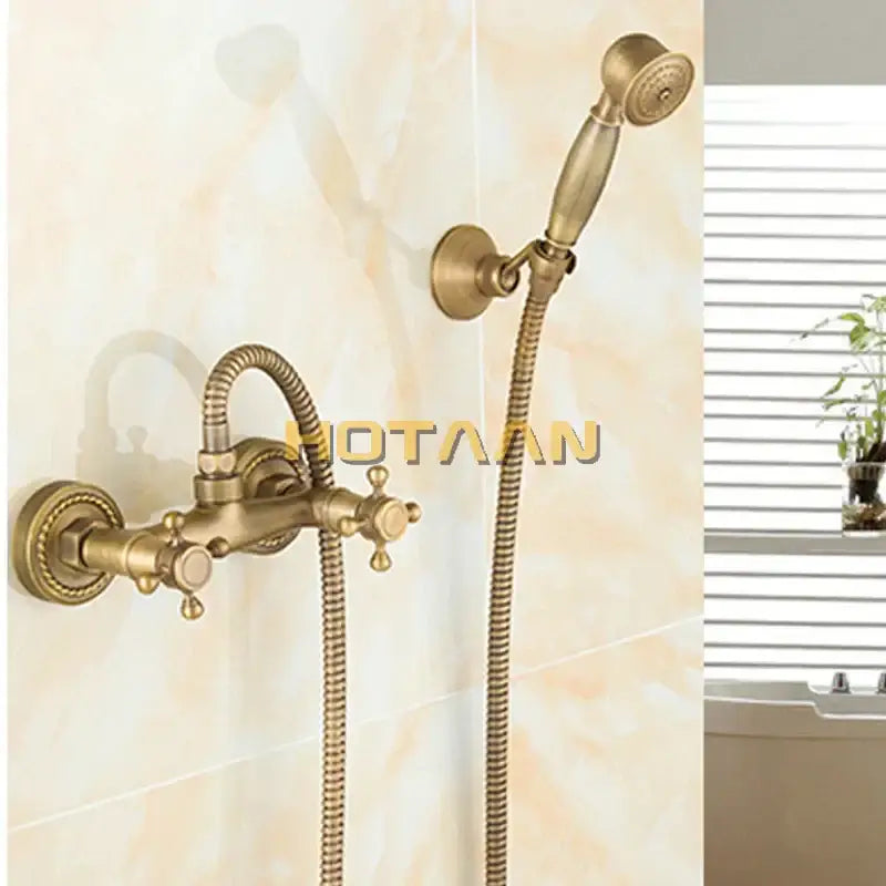 DecorBites™ antique brass bathroom basin tap set with ornate cross handles and matching brass bathroom showerhead