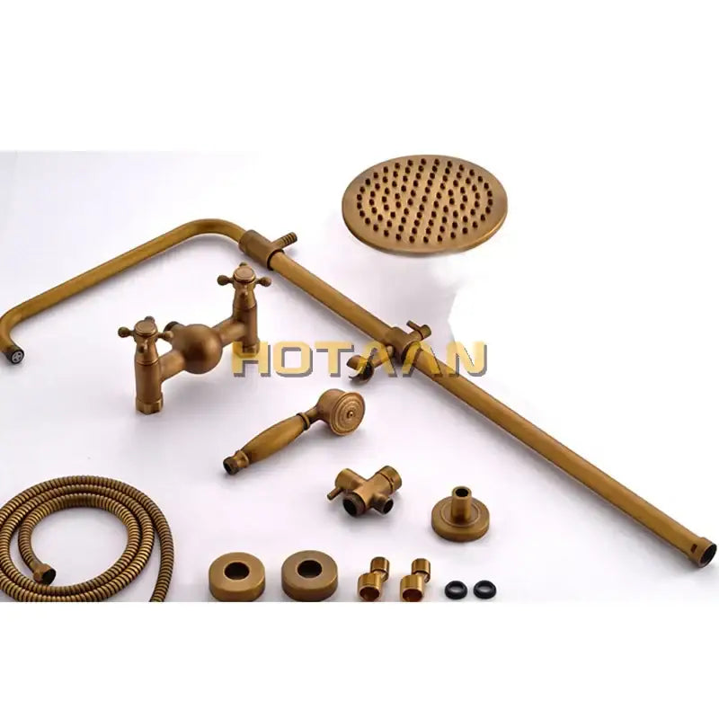 Decorbites™ antique brass bathroom shower faucet set with handshower tub spout and 8 inch rainfall head in brass finish