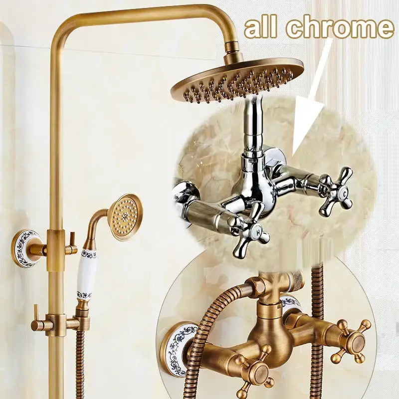 Decorbites antique brass shower faucet set with chrome accents and ceramic handles featuring rainfall head and handshower
