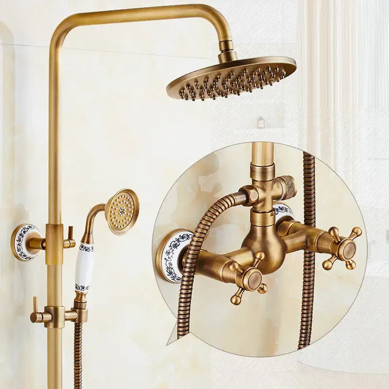 DecorBites antique brass shower faucet set with round rainhead, handheld sprayer, and blue floral ceramic knobs