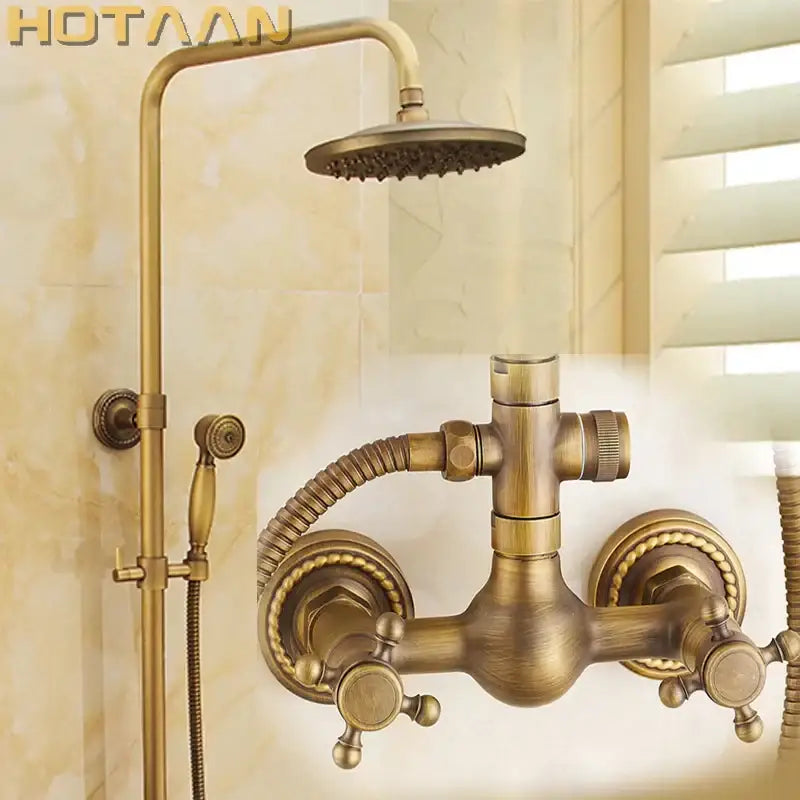 DecorBites antique brass shower faucet set with curved 8 inch rainfall head two-handle mixing valve and tub spout