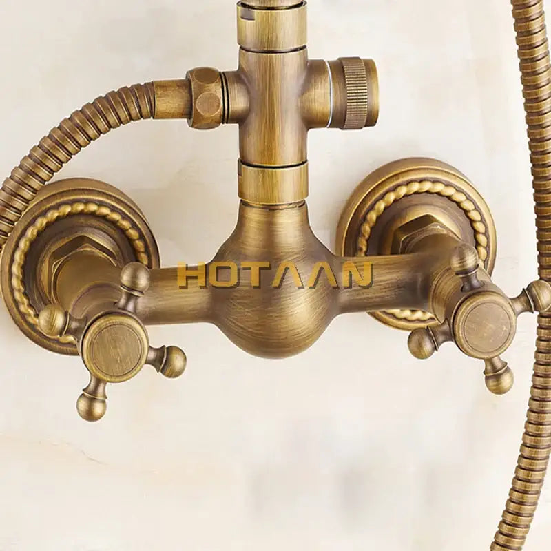 Decorbites antique brass shower faucet set with ornate rope detailing double-handle wall-mounted tub spout