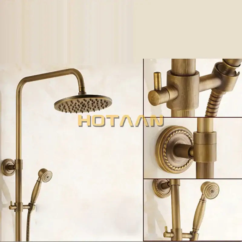 Antique brass shower faucet set with 8 inch rainfall head handheld sprayer and tub spout by decorbites