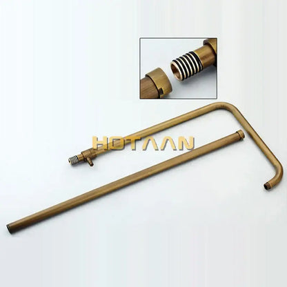 Brass-colored curved metal shower rod with threaded ends for secure mounting in decorbites antique brass faucet set