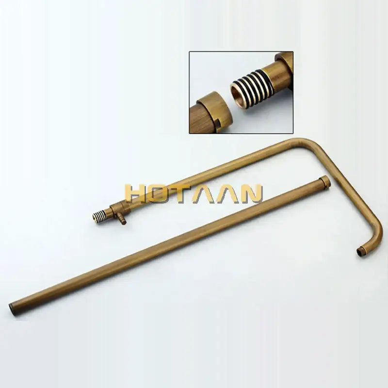 Brass-colored curved metal shower rod with threaded ends for secure mounting in decorbites antique brass faucet set