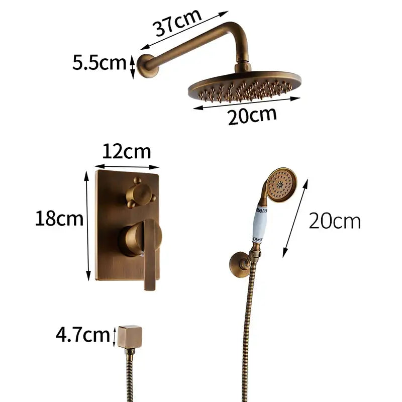 Decorbites™ antique brass shower mixer set with 20cm rainhead handheld spray and wall-mounted control panel