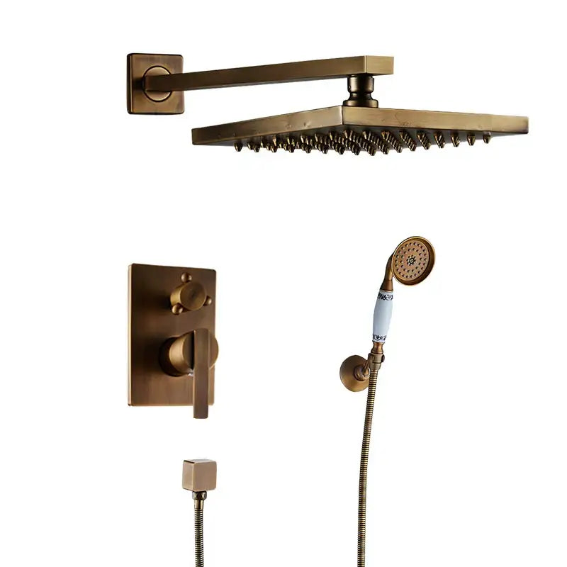 Brass-finished decorbites™ antique brass bathroom shower mixer set with 8 inch rainfall showerhead and wall controls