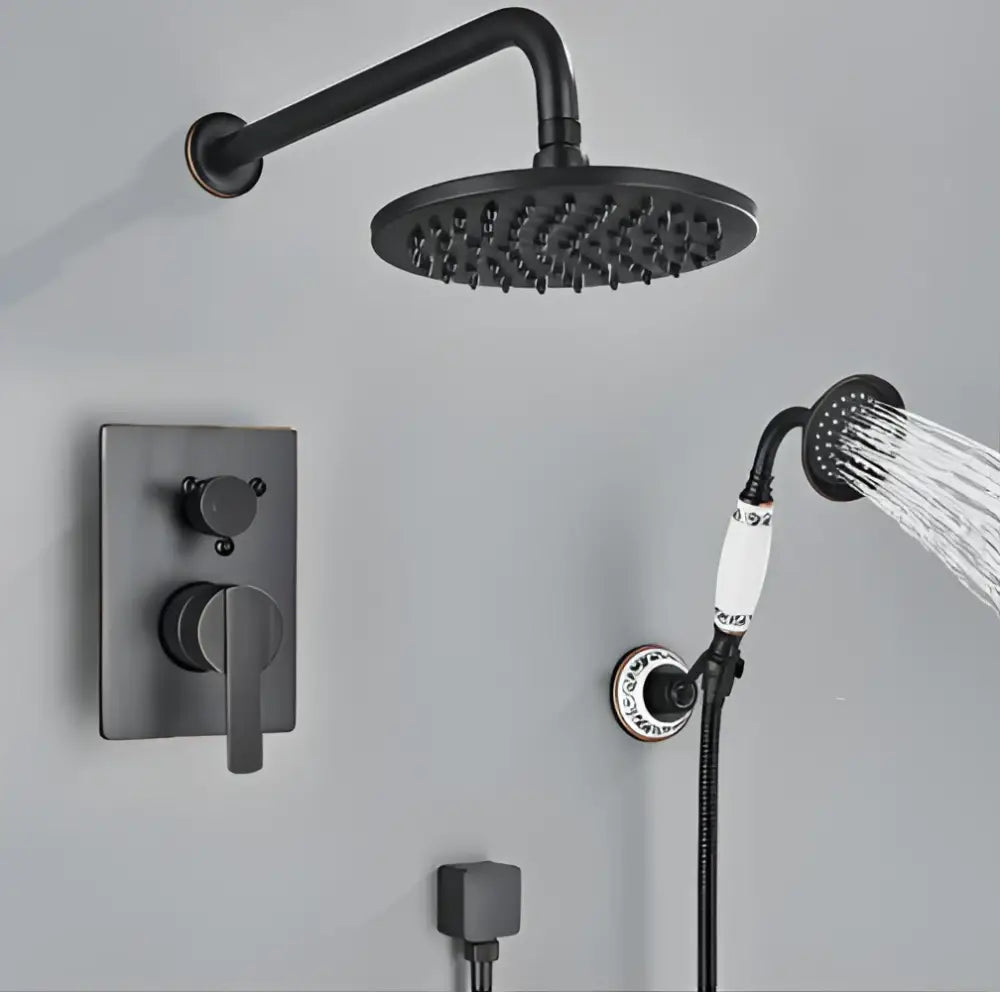Black matte-finish shower mixer set with rectangular control panel and two handheld showerheads by DecorBites antique brass
