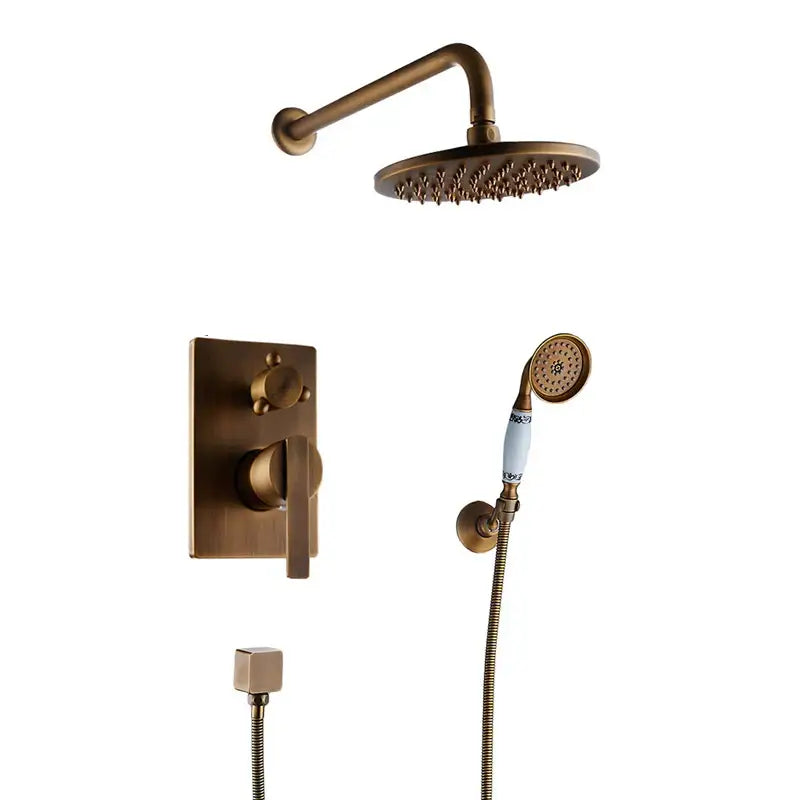 Decorbites™ antique brass shower mixer set with 8 inch rainfall round rainhead and white ceramic handheld spray