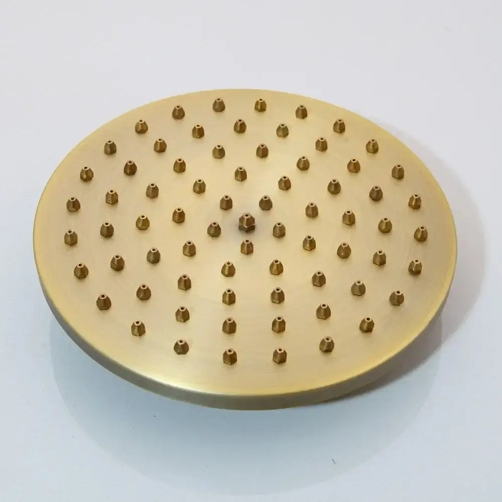 Decorbites antique brass bathroom shower set featuring a brass-colored circular showerhead with grid nozzles