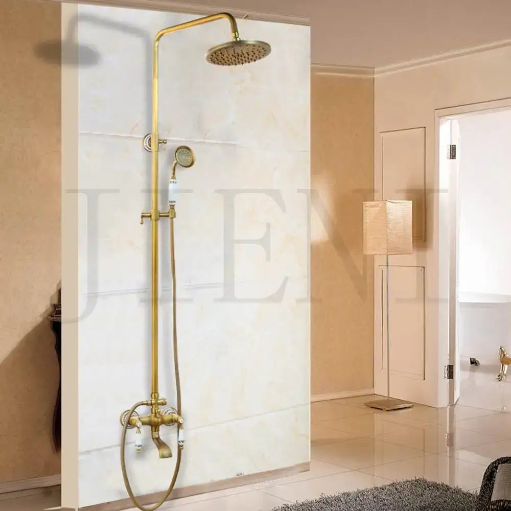 Decorbites antique brass bathroom shower set with round rainhead handheld nozzle and double mixer taps