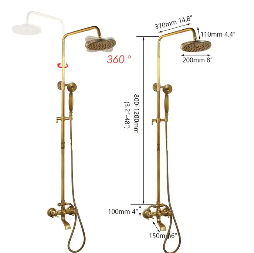 Decorbites antique brass bathroom shower set with 360-degree rotating rainhead handheld spray and double mixer handles