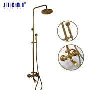 DecorBites™ antique brass bathroom shower set with tall rainhead handheld spray and ornate double handle mixer taps
