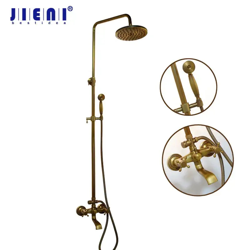 DecorBites™ antique brass bathroom shower set with tall rainhead handheld spray and ornate double handle mixer taps