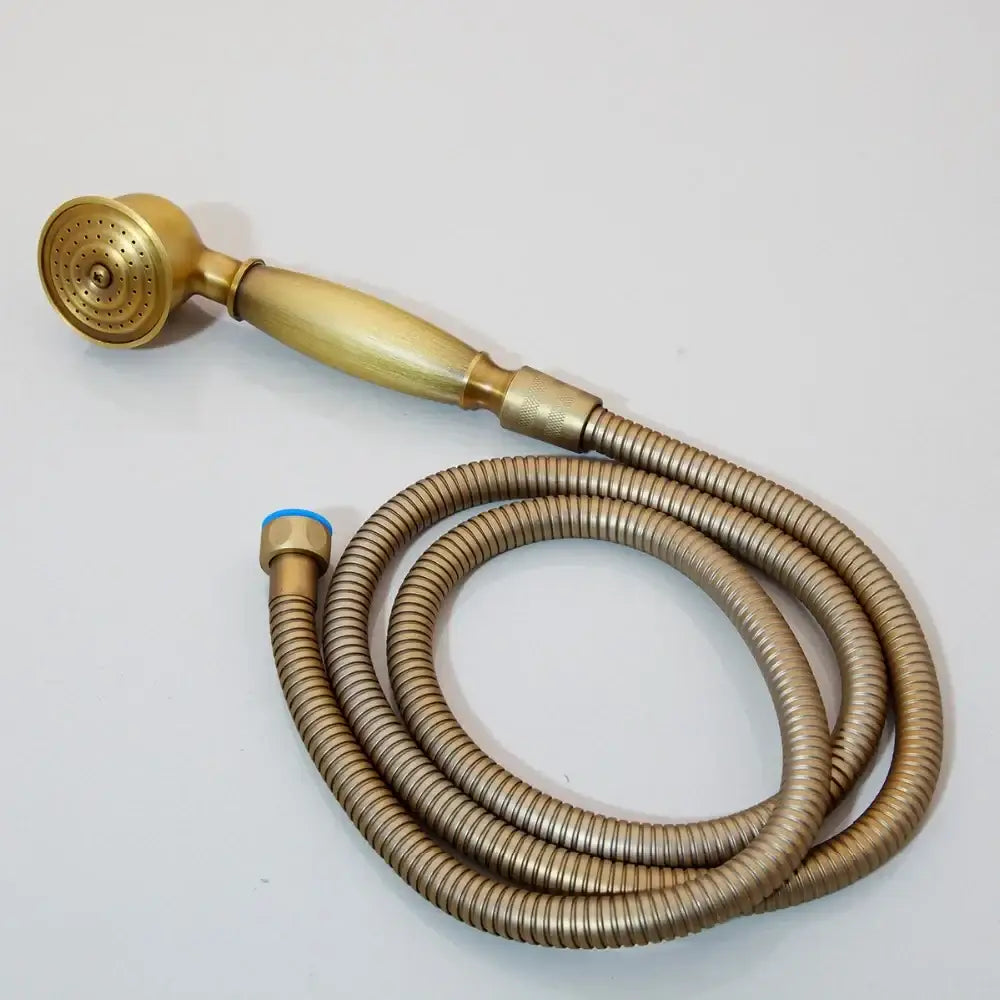 Decorbites™ antique brass bathroom shower set with gold-toned brass hand shower, textured ribbed hose, and ergonomic handle