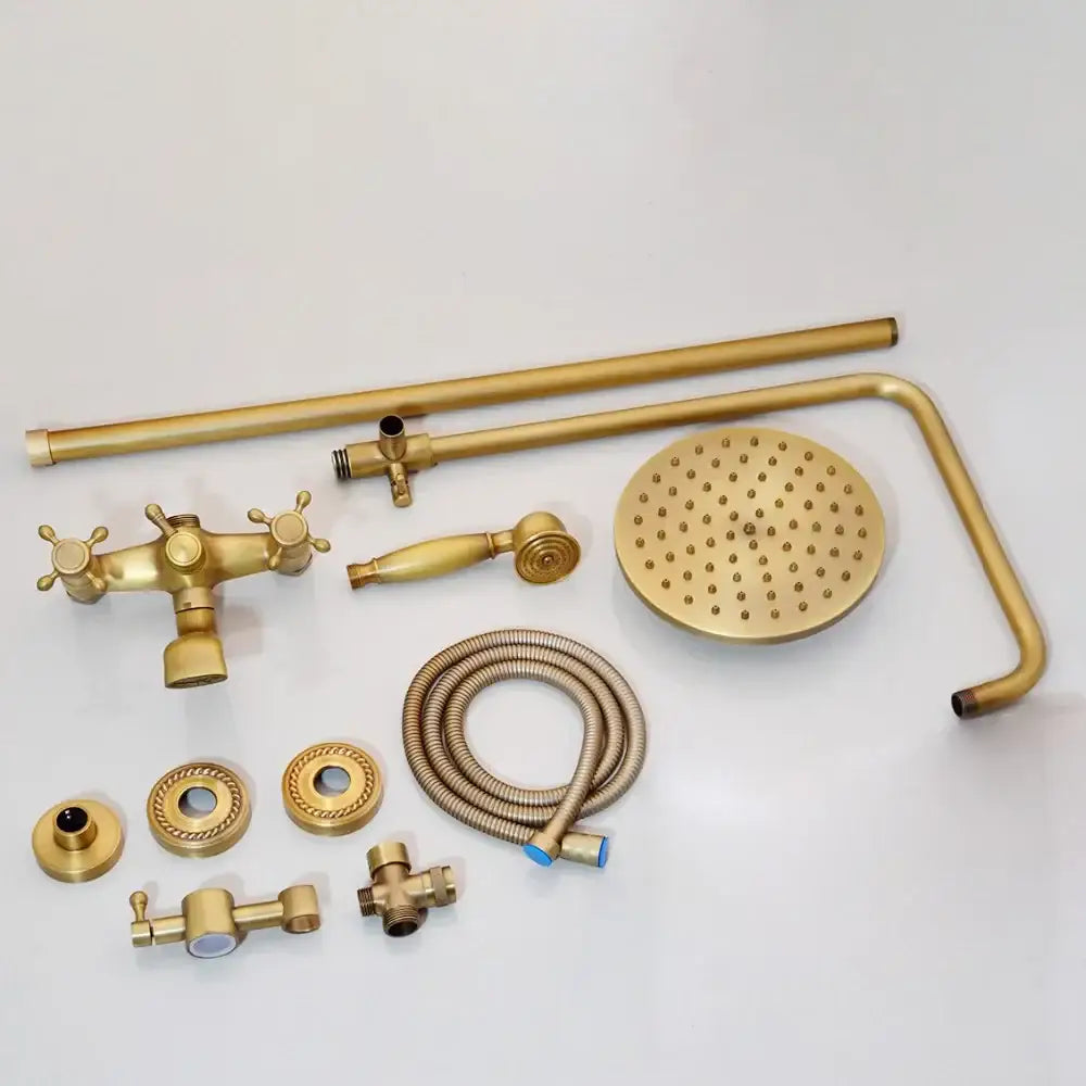 Decorbites antique brass bathroom shower set with gold finished brass round rainhead handheld sprayer and fixtures