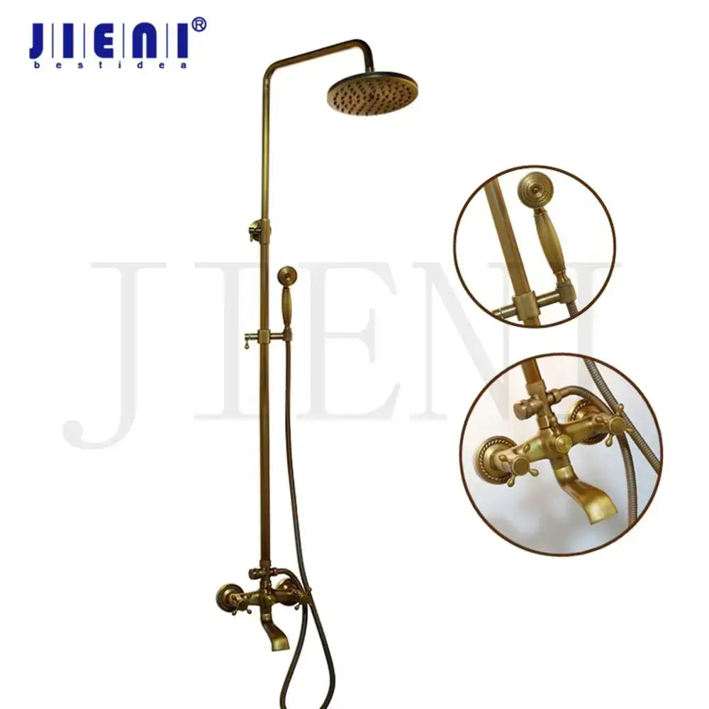 Decorbites antique brass bathroom shower set with fixed rainhead handheld spray and double mixer taps in brass finish