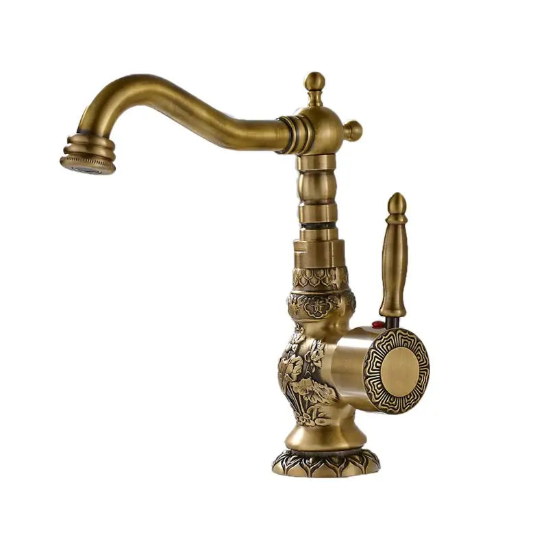 DecorBites antique brass bathroom sink faucet mixer with ornate floral and geometric detailing in brass bathroom sink style