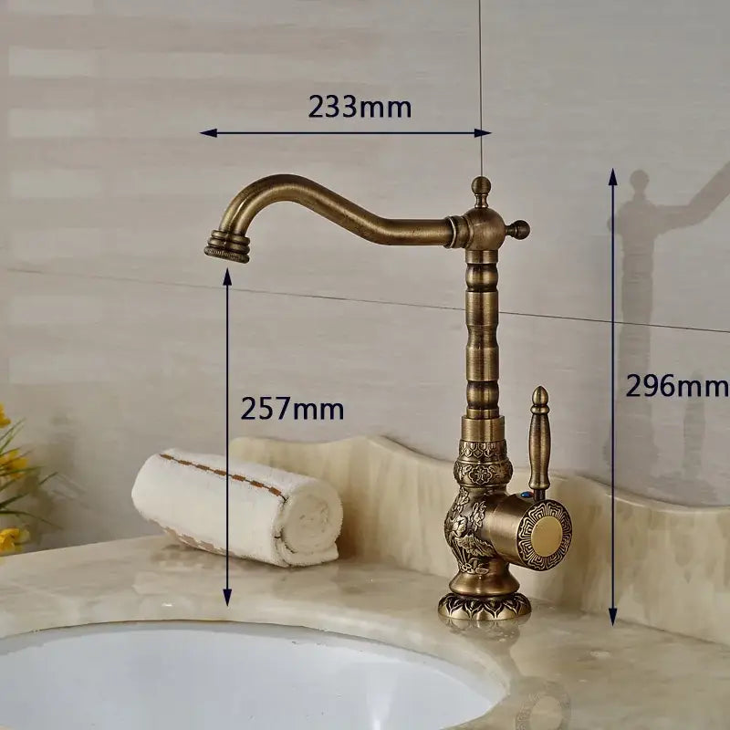 DecorBites antique brass bathroom sink faucet mixer with single handle and ornate vintage-inspired brass finish design