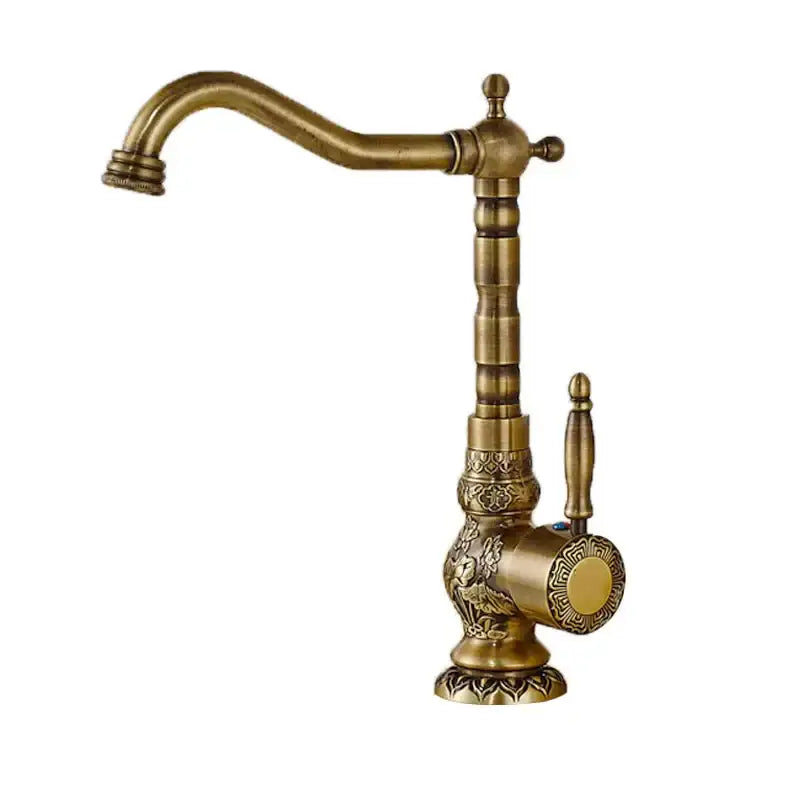 DecorBites antique brass bathroom sink faucet mixer with ornate floral and geometric engravings on base and spout