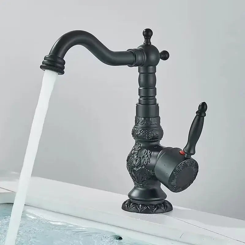 Decorbites™ antique brass bathroom sink faucet mixer with single handle and intricate floral engravings in brass bathroom sink style